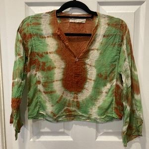 Tie Dye Cropped Cotton Top - Green/White/Brown - S